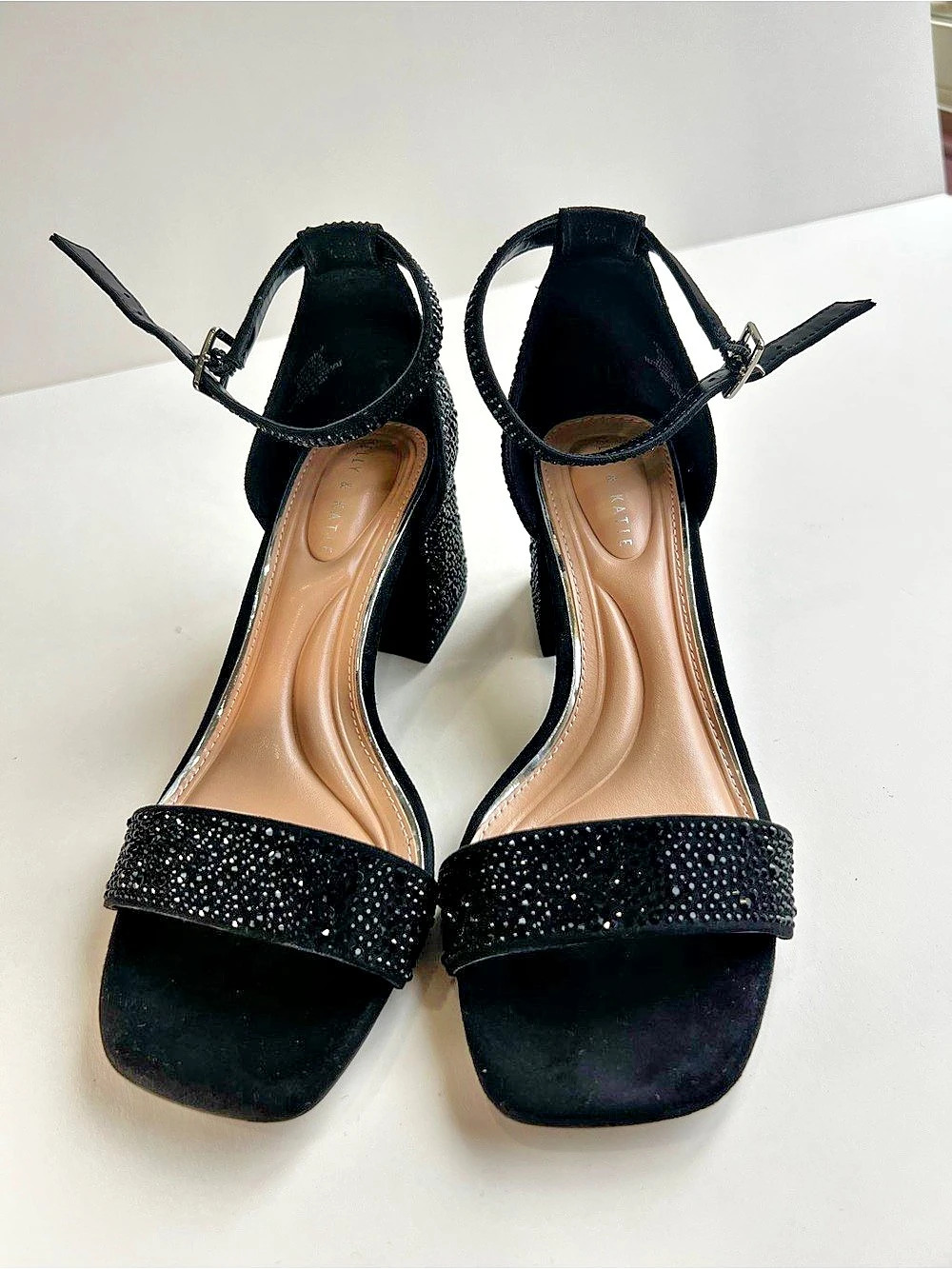 Black Rhinestone Block Heel Sandals Like New